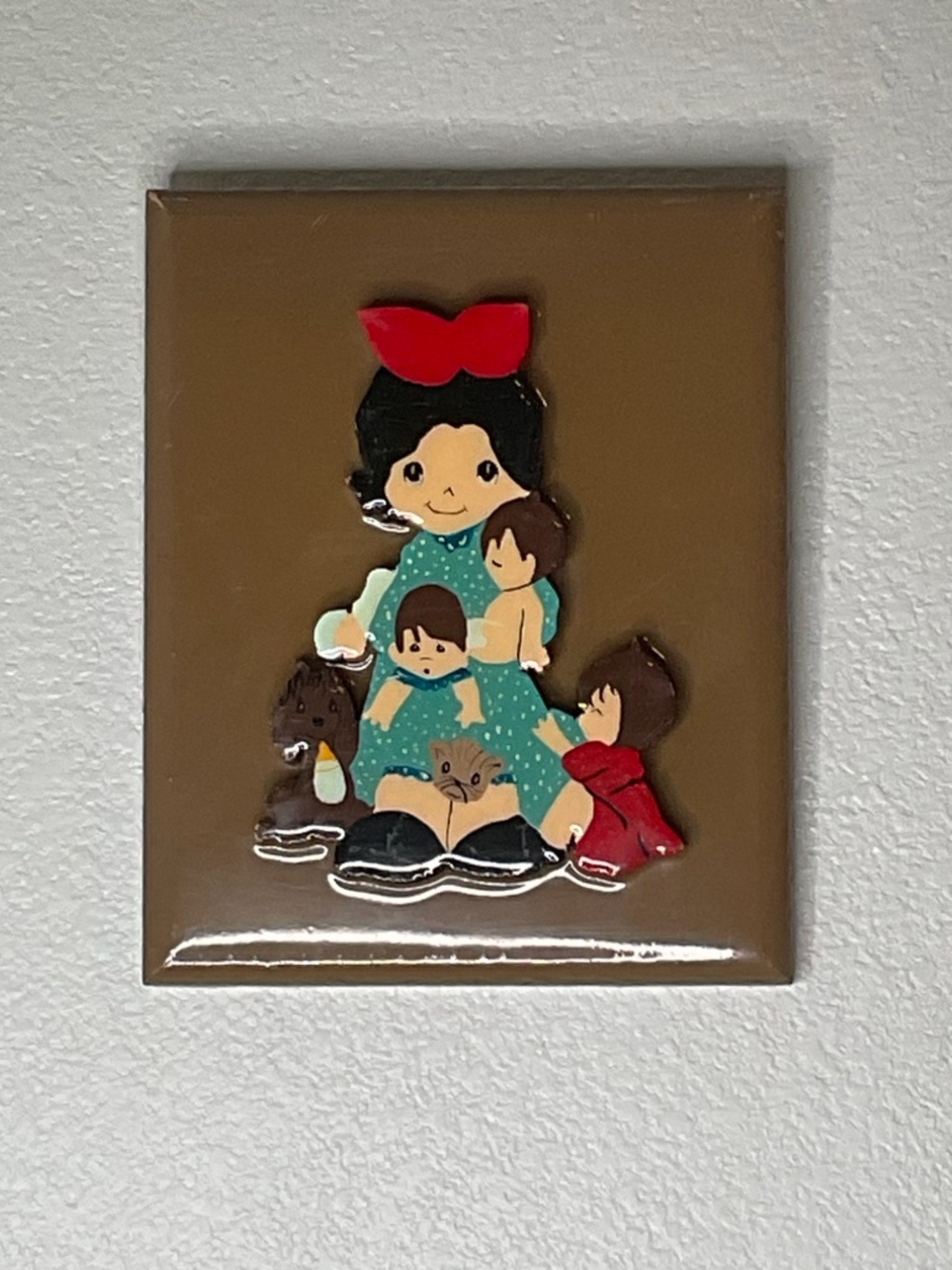 Vintage Precious Moments like plaque featuring mom  kids and pets Playroom Dayca